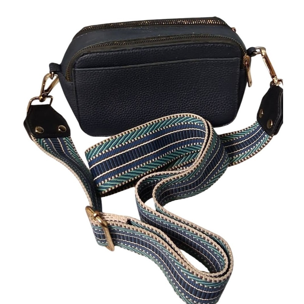 Kedzie Navy Blue Pebbled Vegan Leather Crossbody Bag with Woven Guitar Strap